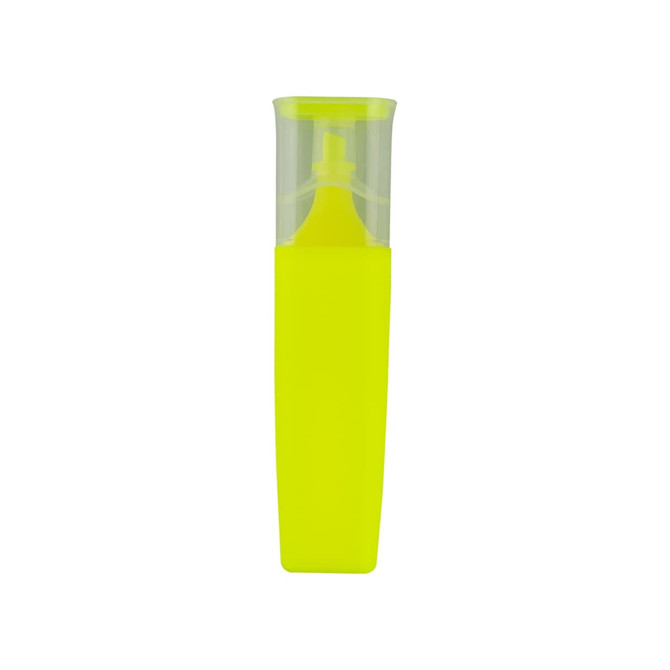 A highlighter in a sleek, bright yellow container with a transparent lid, featuring a branding logo.