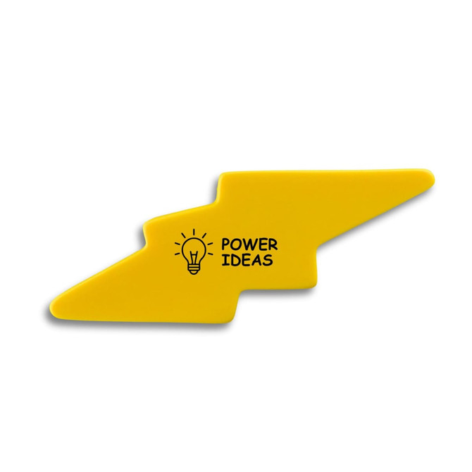 A yellow stress relief shape resembling a lightning bolt, featuring a light bulb design and a logo.