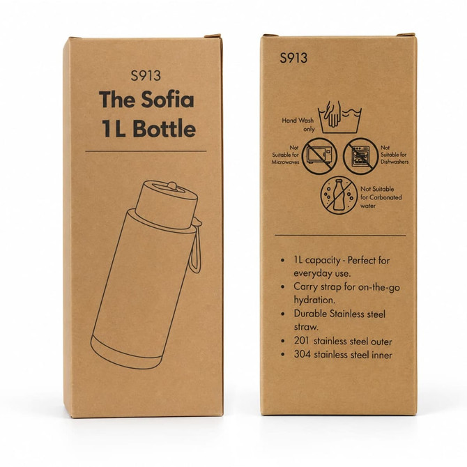 A drink bottle with a durable stainless steel exterior and a matching lid, featuring a capacity of 1L.