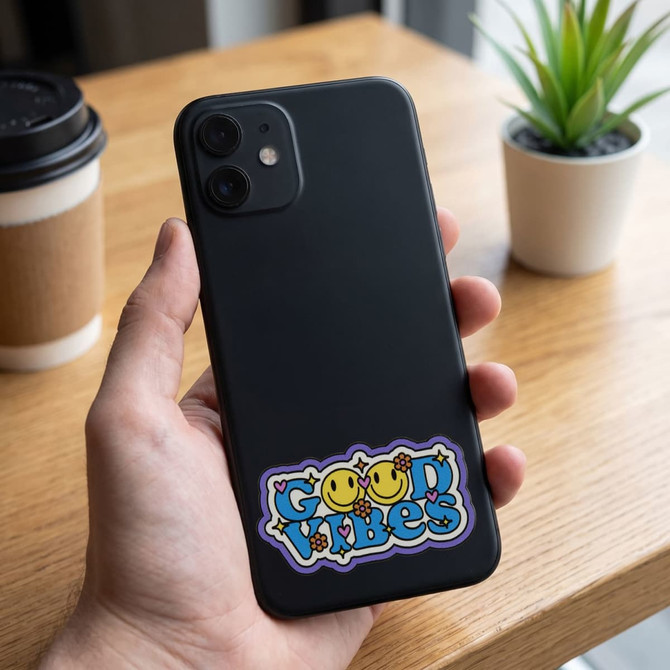 A hand holds a black phone with a colourful "Good Vibes" sticker on its back, placed on a wooden table.