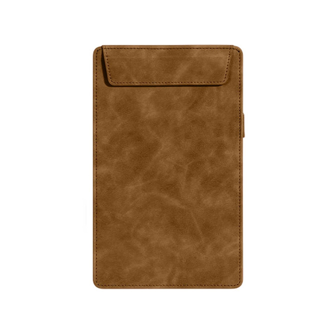 A brown A5 magnetic clipboard with a textured finish and a flap closure. It features a branding logo.