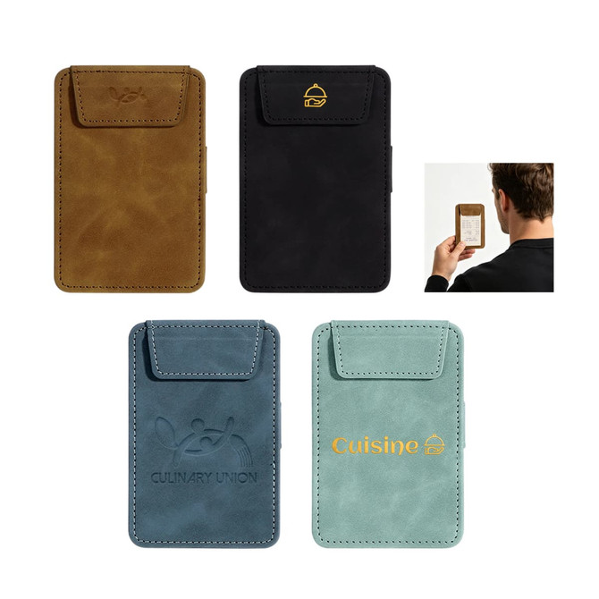 A collection of four coloured mini clipboards in brown, black, blue, and green, each with a flap and a logo.