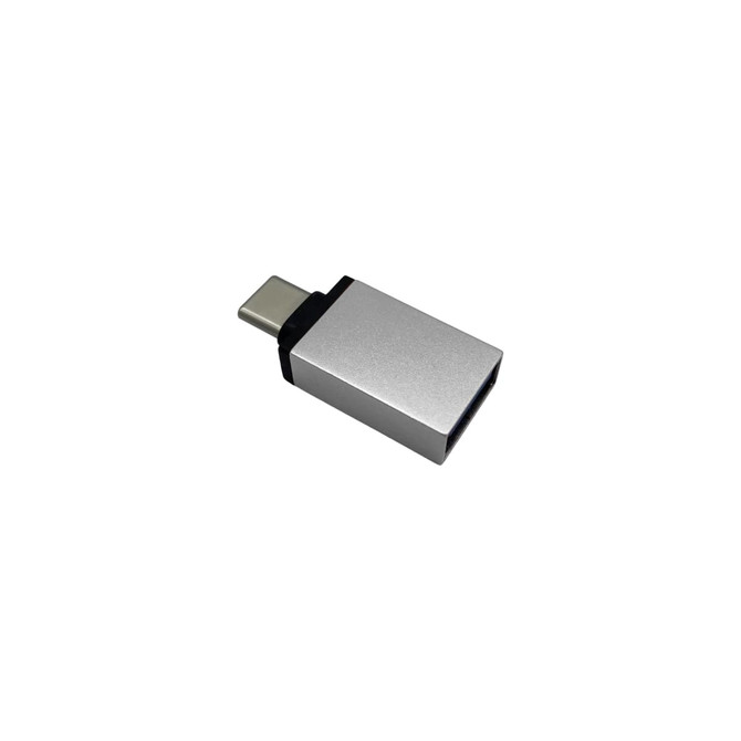 A silver USB data blocker with a rectangular design and a USB-C connector. It features a black band around the centre.
