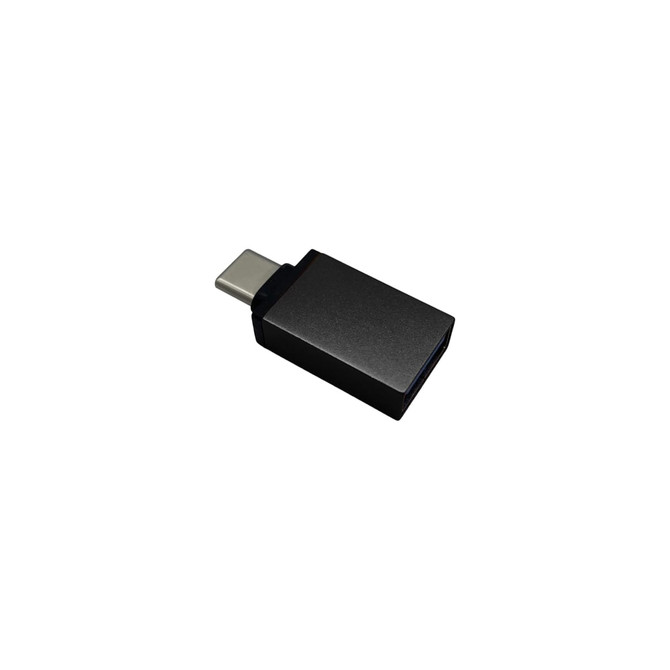 A black USB data blocker with a USB-C connector and an open end for standard charging.