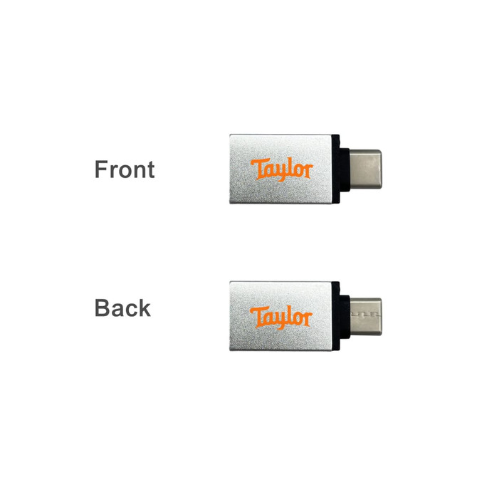 A USB data blocker with a silver casing and orange branding, displayed from the front and back.