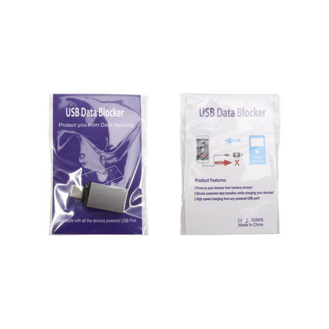 A USB data blocker in a clear packaging. The product is grey and has a logo. The back features product information.