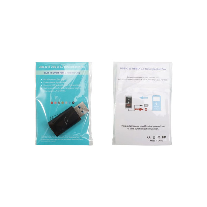 A USB data blocker in a clear pouch, featuring a black design, with a built-in smart fast charging chip.