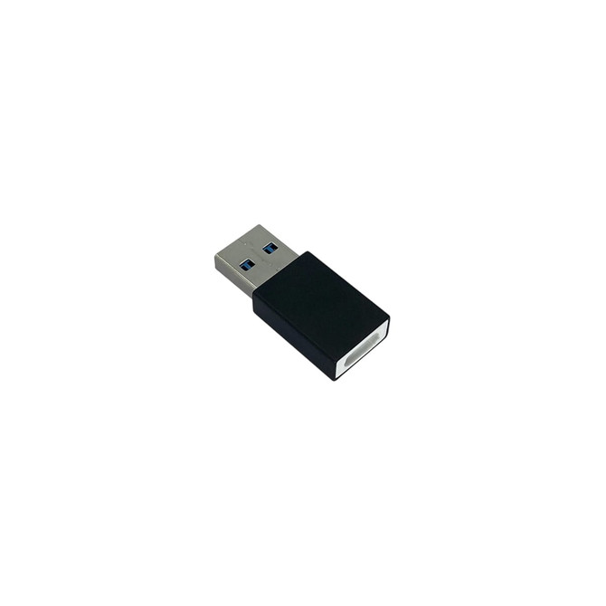 A black USB data blocker with a metallic USB connector. The device features a compact design suitable for standard charging.