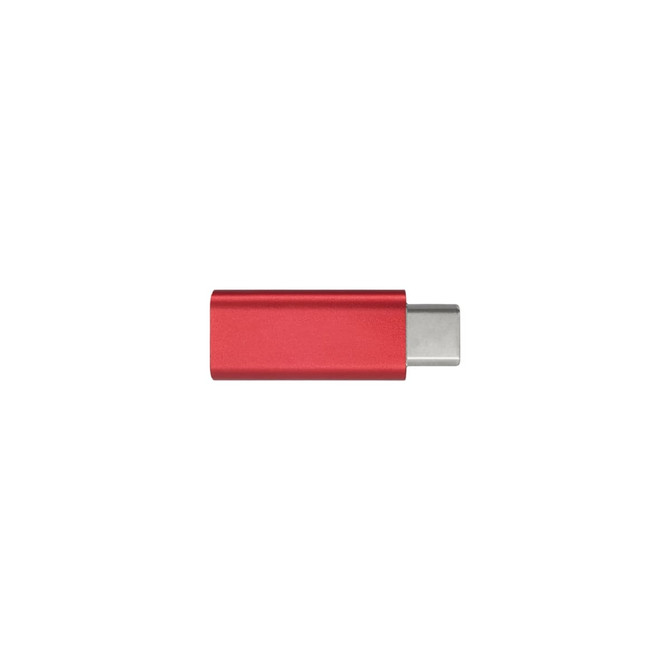 A red USB data blocker with a metallic finish, featuring a connector on one end.