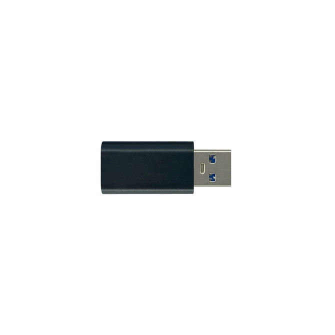 A USB data blocker in black and silver, featuring a USB-A and USB-C connector.
