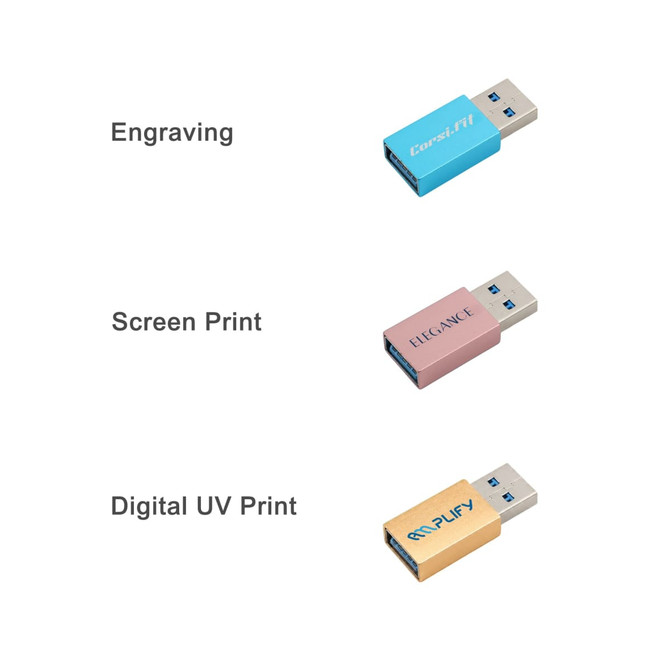 A collection of USB data blockers in blue, pink, and gold, each featuring different printing styles.