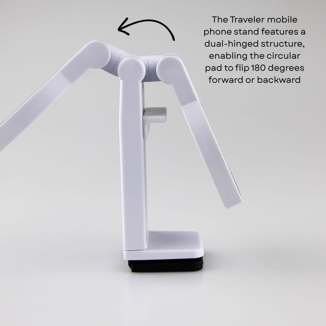 A white dual-hinged mobile phone stand with a circular pad and a flat base, designed for stability.