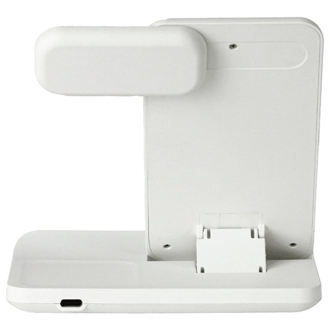 A white 3-in-1 wireless charger with a detachable section and a compact design. It features a logo on its surface.