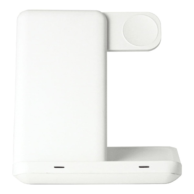 A white 3 in 1 wireless charger with a compact design and an integrated charging pad.
