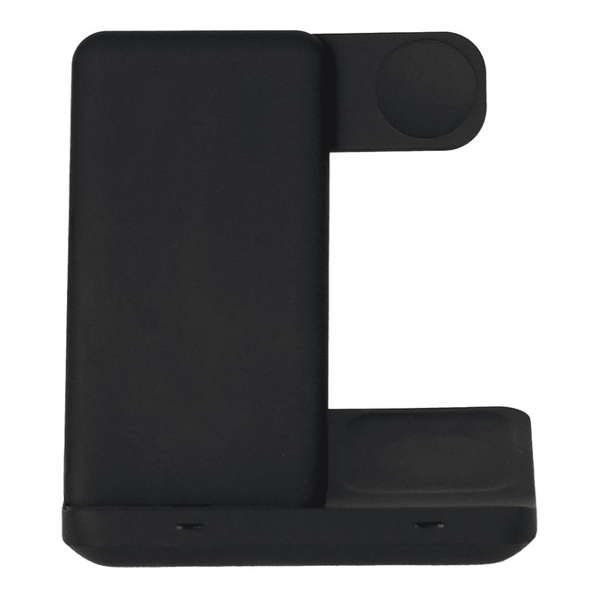 A black 3 in 1 wireless charger with a sleek design and multiple charging surfaces. It features a logo on the side.