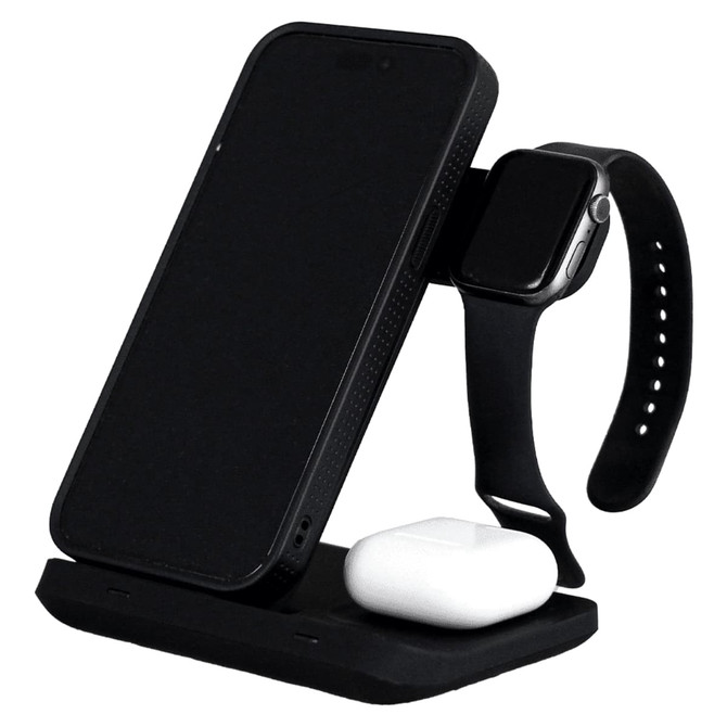 A black 3 in 1 wireless charger featuring a phone stand, an Apple Watch holder, and a space for earbuds.