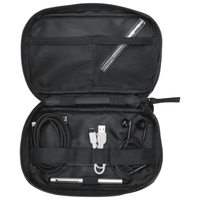 A black tech pouch with multiple compartments, containing cables, earphones, and a pen. It features a brand logo.