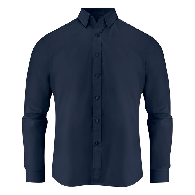 A navy blue long-sleeved shirt with a button-up front and collar. It has a subtle brand logo.