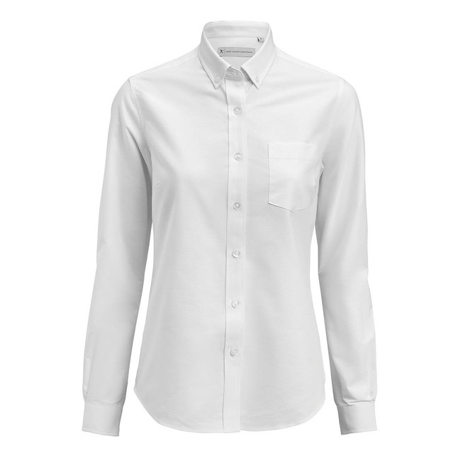 A white women's Oxford shirt with long sleeves and a front pocket, featuring a collar and buttons. It has a logo.
