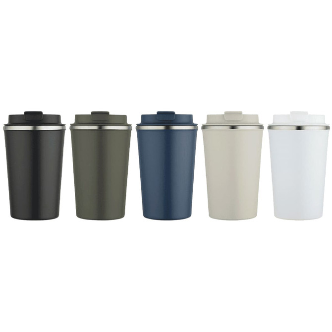 A drink bottle collection featuring five double wall vacuum tumblers in black, olive green, navy, beige, and white, each with a lid.