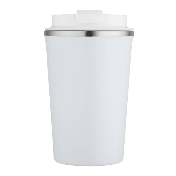 A drink bottle featuring a white exterior with a stainless steel lid and a logo. Double wall vacuum design.
