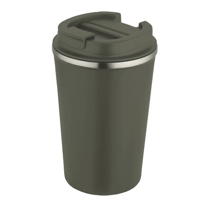 A drink bottle with a double wall vacuum design, featuring an olive green exterior and a stainless steel rim.