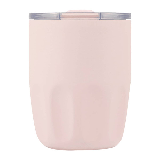 A drink bottle in soft pink with a clear lid, featuring a smooth finish and a branding logo on the surface.