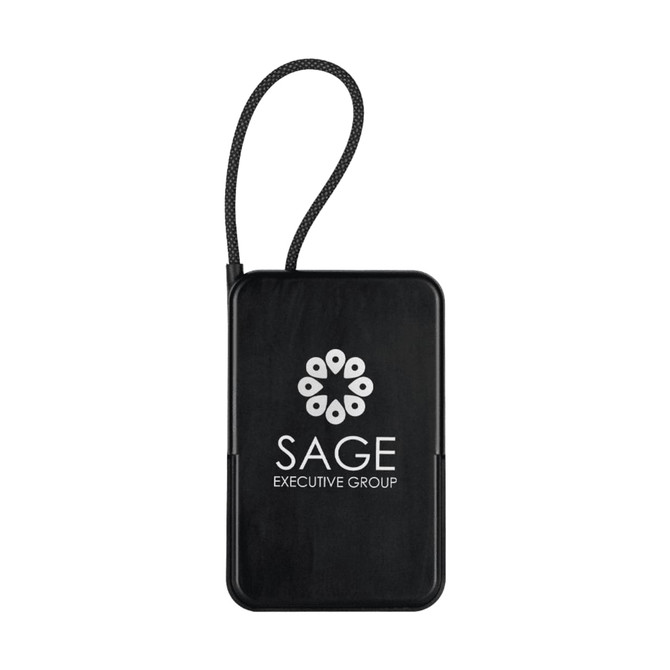 A black power bank with a textured surface and a braided strap, featuring a logo on the front.