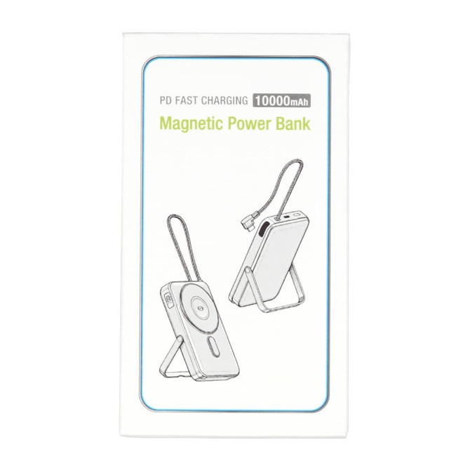 A white magnetic power bank with a grey strap, featuring an illustration of its design and a built-in stand.
