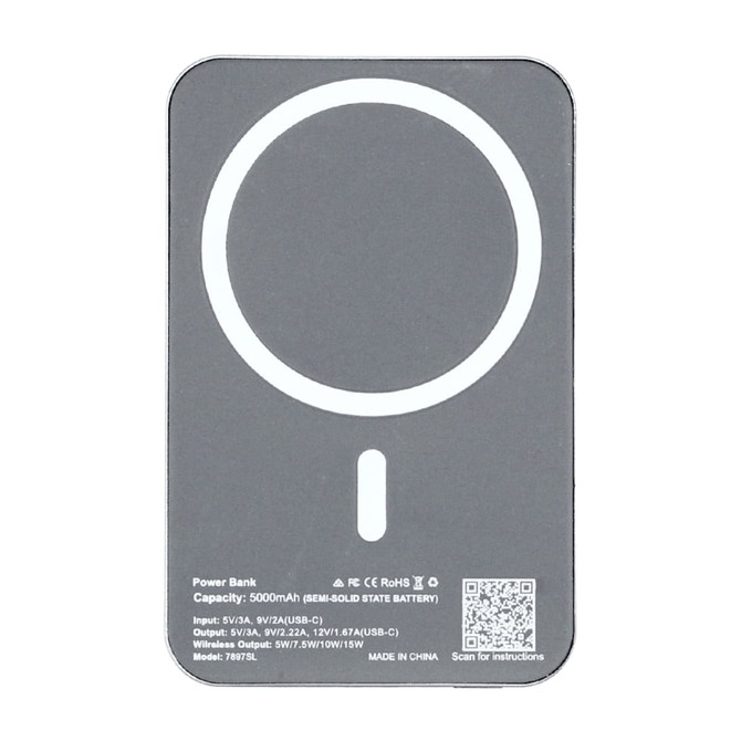 A grey power bank with a semi-solid state battery, featuring a circular logo and a QR code.