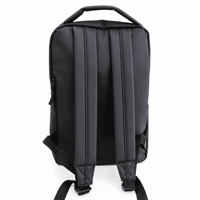 A black soft PU backpack featuring padded shoulder straps and a top handle for easy carrying.