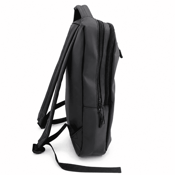 A black soft PU backpack with dual zippers and adjustable straps, featuring a sleek and modern design.