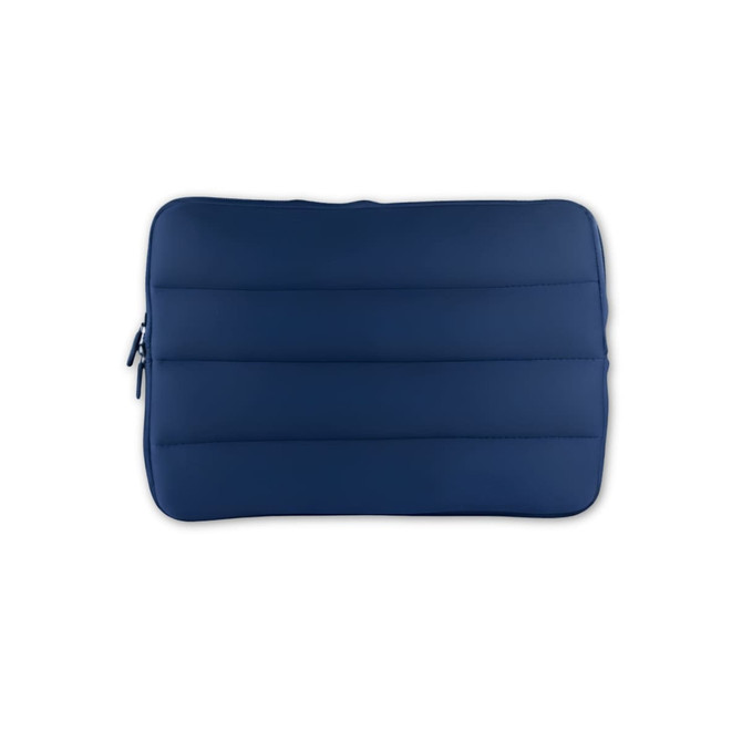A navy blue neoprene laptop sleeve with a padded design and a zipper closure. It includes a logo.