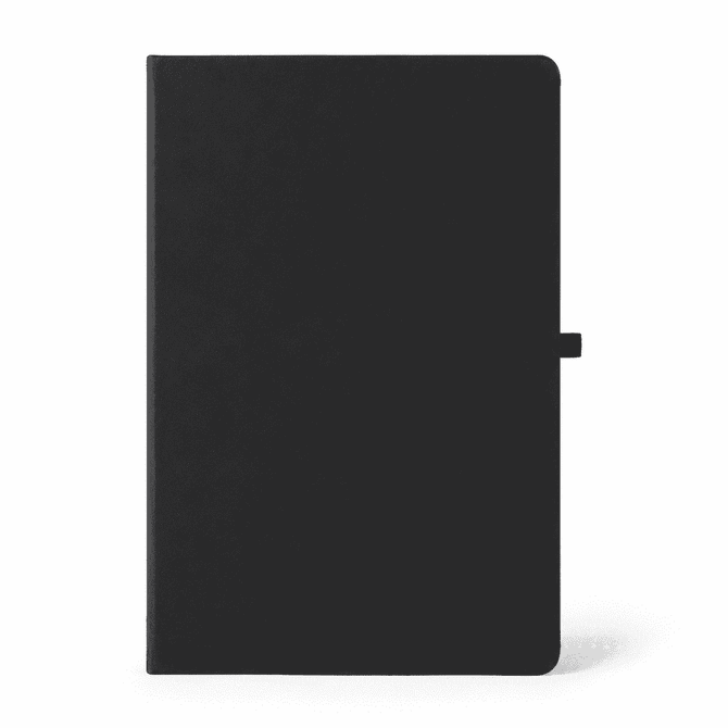 A black A5 notebook with a smooth cover and a closure strap, featuring a logo on the front.