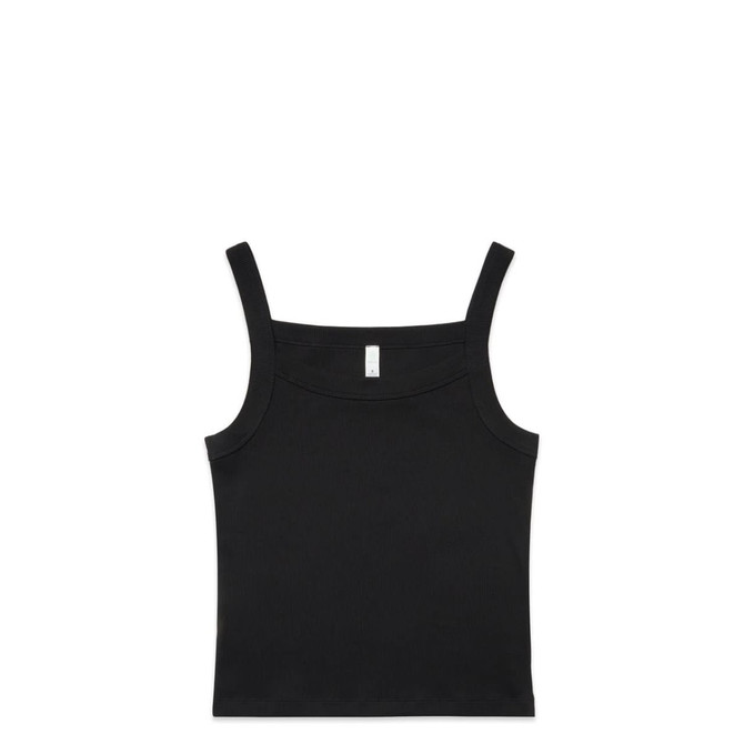 A black collegiate tank top with spaghetti straps, featuring a plain design and a logo label inside.