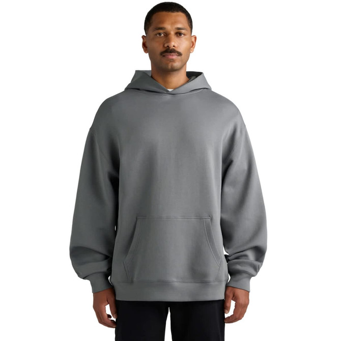 A hooded sweatshirt in grey, featuring a front pocket and relaxed fit, with a logo on one sleeve.