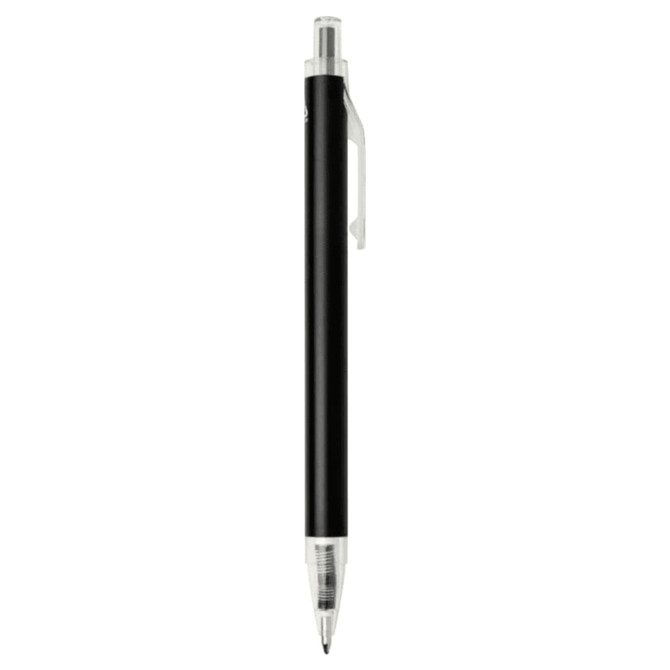 A black recycled aluminium ballpoint pen with a silver clip and tip, featuring a branding logo.