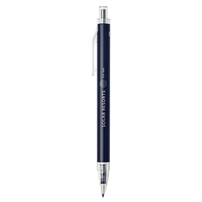 A navy blue recycled aluminium ballpoint pen with a silver clip and a branding logo.