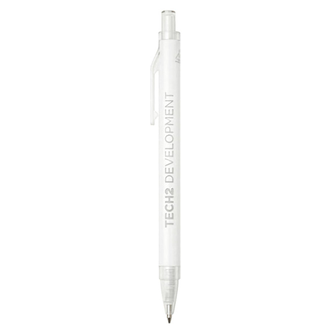 A recycled aluminium ballpoint pen in white, featuring a clear barrel and a clip. It has a logo on the side.