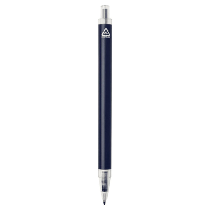 A navy blue recycled aluminium ballpoint pen with a clear clip and branding on the upper part.