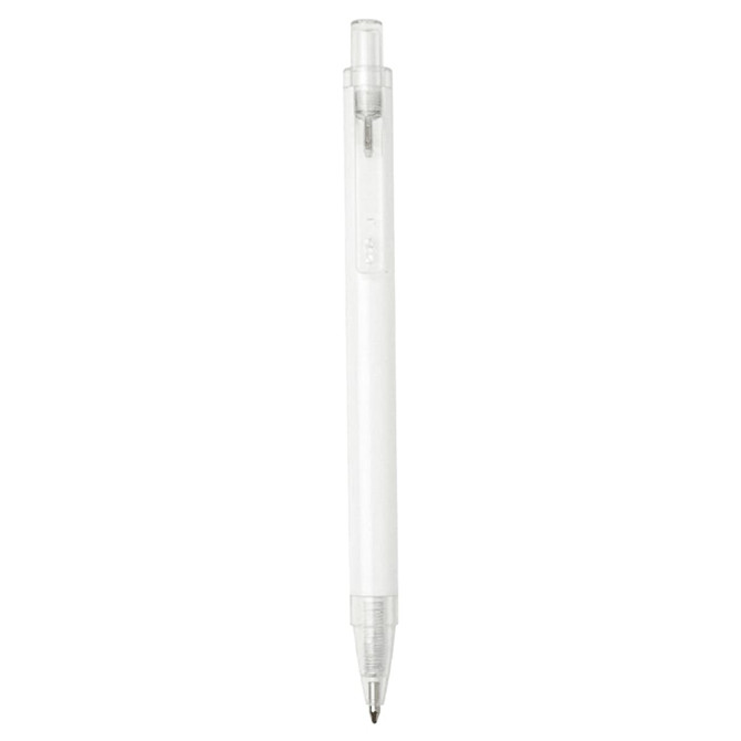 A recycled aluminium ballpoint pen in white, featuring a clear plastic section and a clip, with branding.