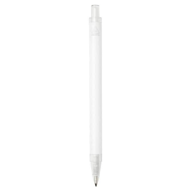 A ballpoint pen made of recycled aluminium, featuring a transparent barrel and a silver tip, with a logo.
