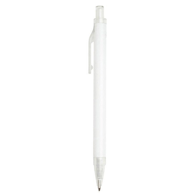 A white recycled aluminium ballpoint pen with a clear grip and clip, featuring a logo on the barrel.