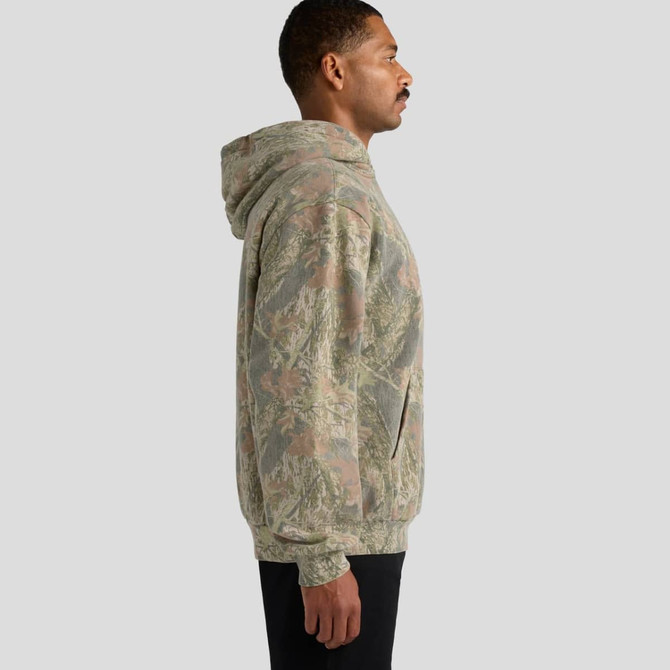 A faded hooded sweatshirt in a camouflage pattern, featuring a kangaroo pocket and a hood.