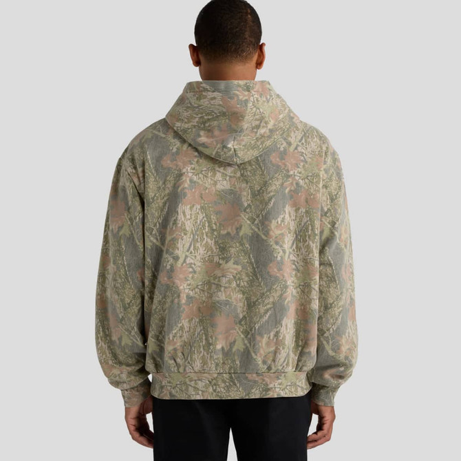 A hooded sweatshirt in muted tones of green, brown, and pink featuring a camouflage pattern and a back view.