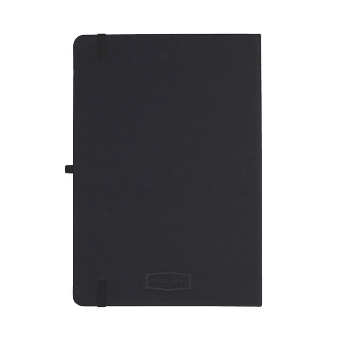 A black A5 journalbook with a textured cover and an elastic closure, featuring a logo on the front.