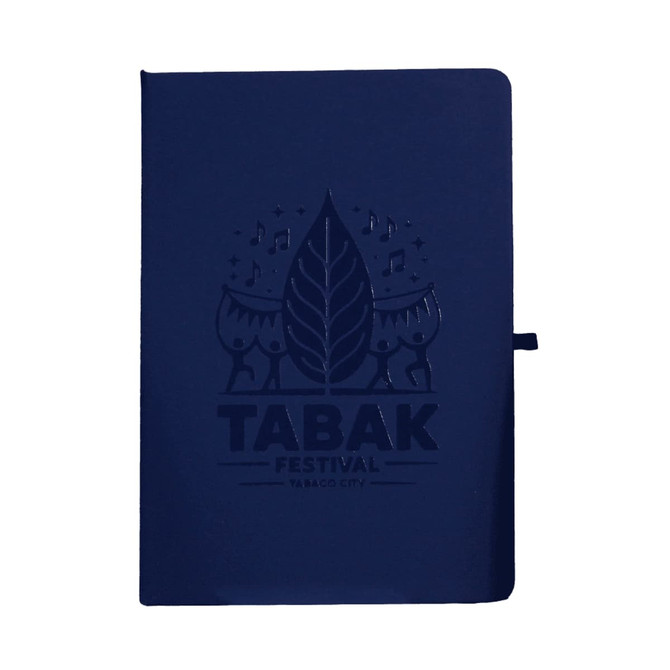 Navy blue A5 recycled journal with a logo on the cover, featuring a leaf and festival-themed graphics.