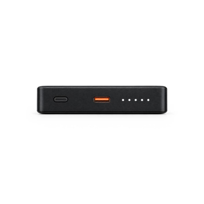 A black solid-state power bank with a USB-C port, a USB-A port, and four indicator lights.