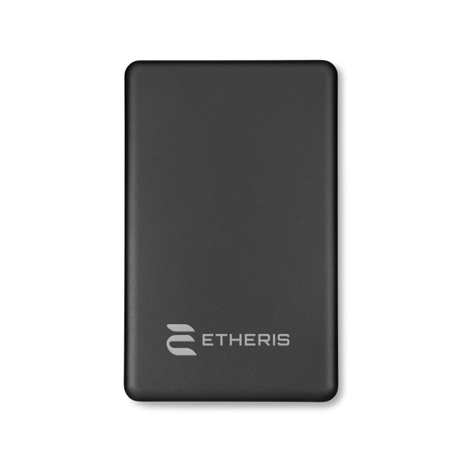 A solid black power bank with a smooth finish, featuring a logo on the front.