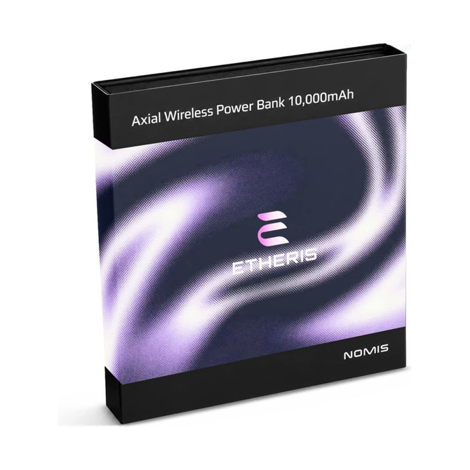 A black packaging box for the Axial 10,000mAh Solid State Power Bank, featuring a colourful design and branding.